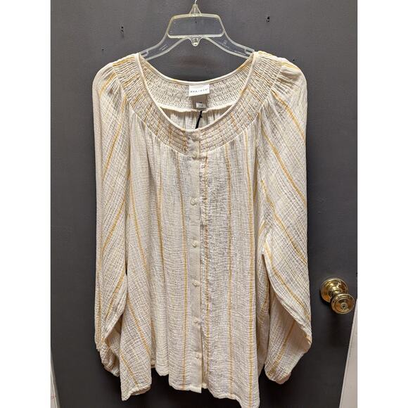 Ava & Viv Tops - Ava & Viv Size 2X Plus Blouse Top Yellow Cream Stripe Cotton blouson long sleeve